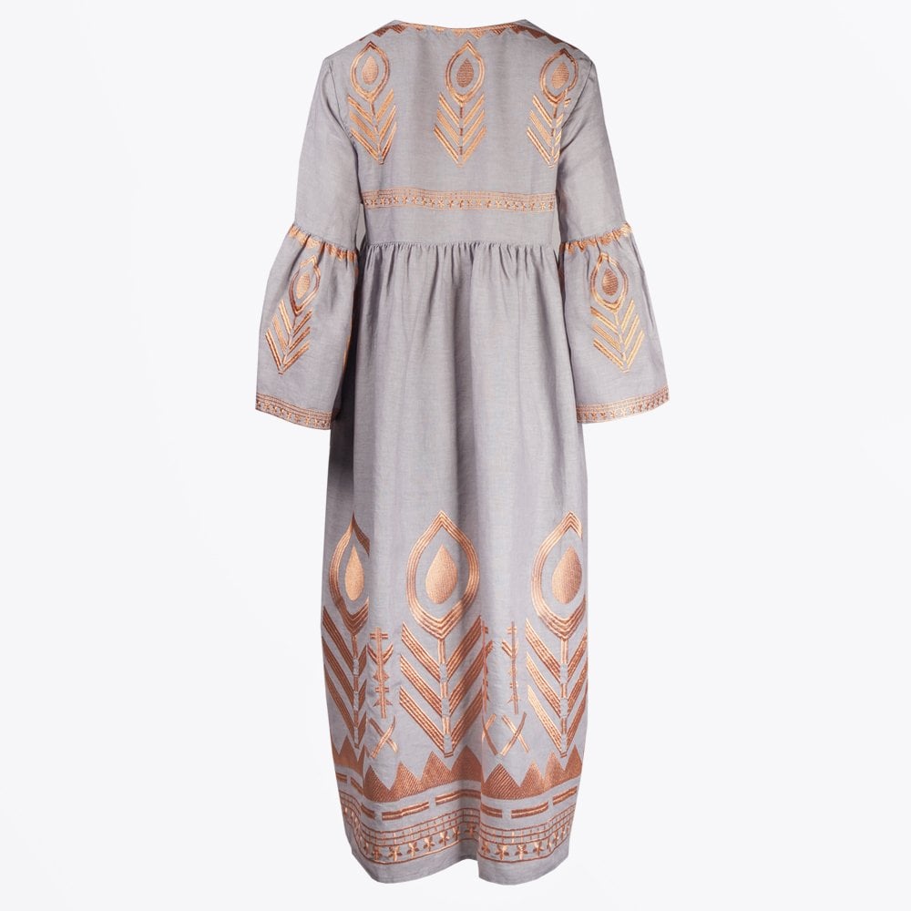 Linen Feather Embroidered Midi Dress - Grey