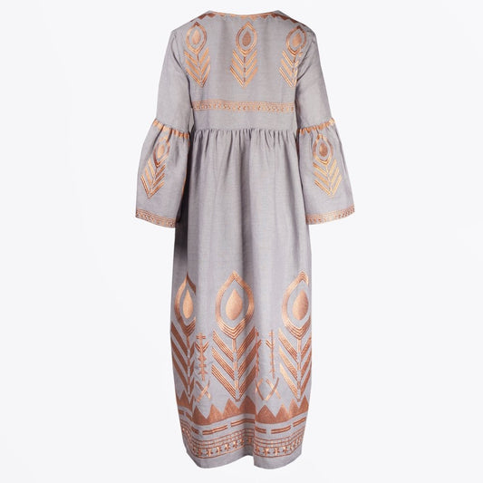 Linen Feather Embroidered Midi Dress - Grey