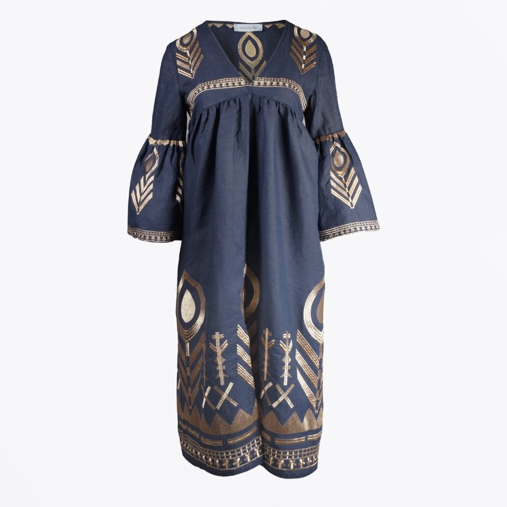 Greek Linen Feather Embroidered Midi Dress - Navy