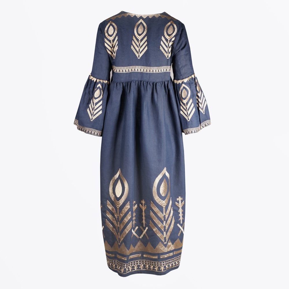 Linen Feather Embroidered Midi Dress - Navy