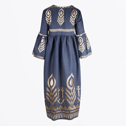 Linen Feather Embroidered Midi Dress - Navy