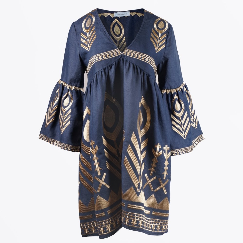 Greek Linen Feather Embroidered Dress - Navy