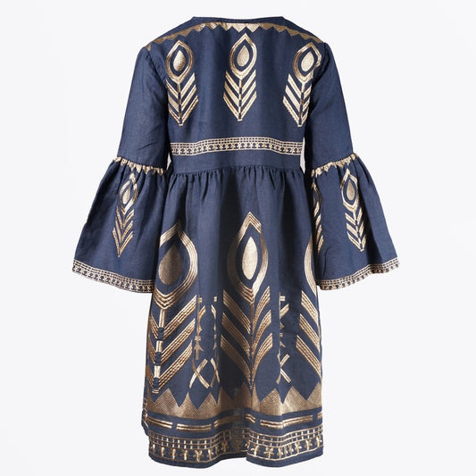 Linen Feather Embroidered Dress - Navy