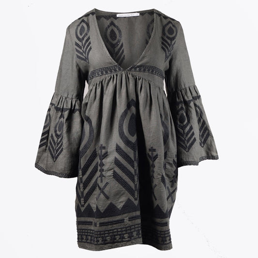 Linen Feather Embroidered Dress - Khaki