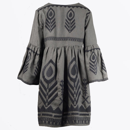Linen Feather Embroidered Dress - Khaki