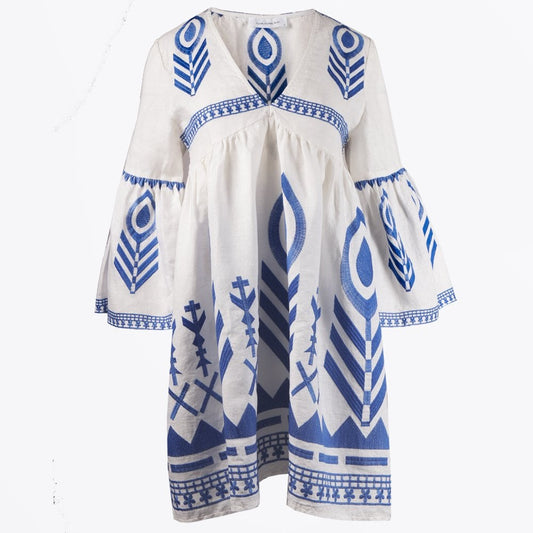 Linen Feather Embroidered Dress - White