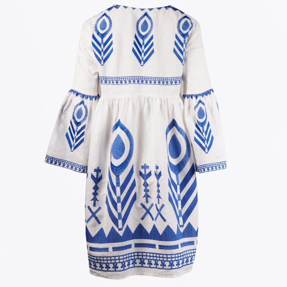 Greek Linen Feather Embroidered Dress - White