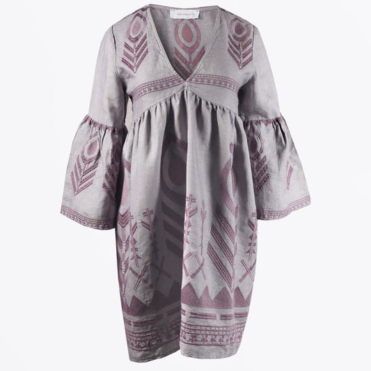 Linen Feather Embroidered Dress - Grey