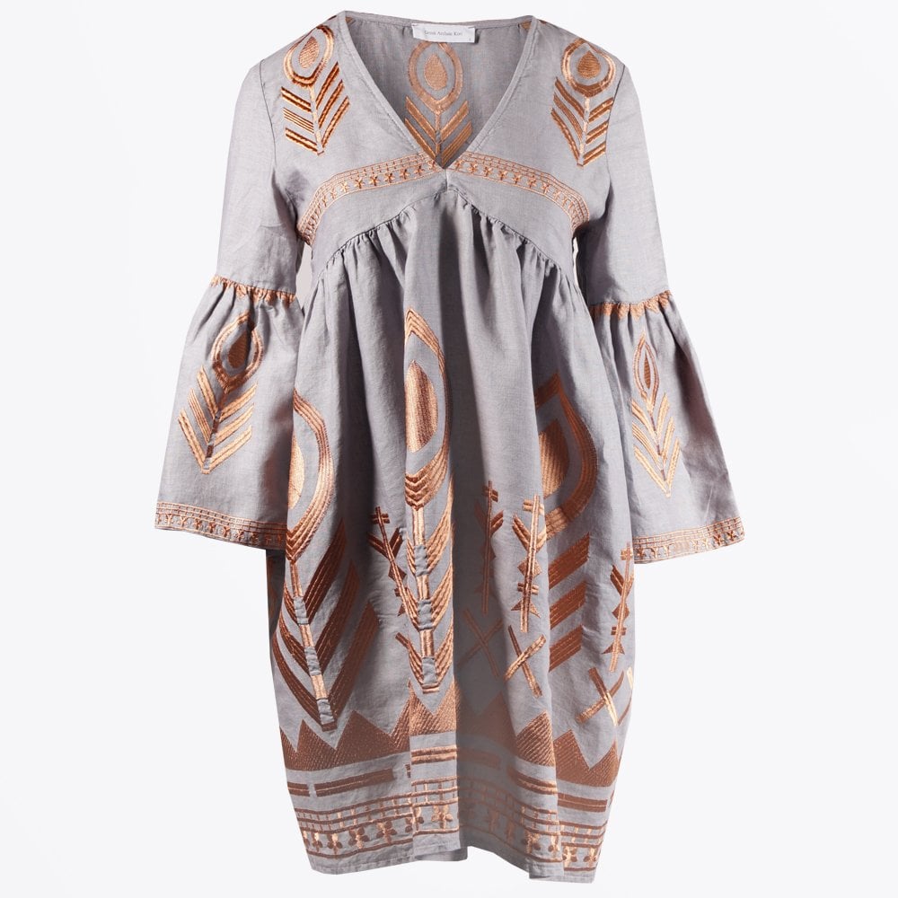 Greek Linen Feather Embroidered Dress - Grey
