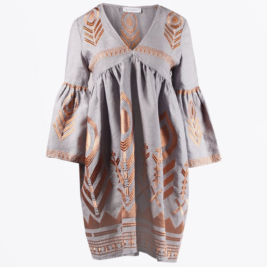 Linen Feather Embroidered Dress - Grey