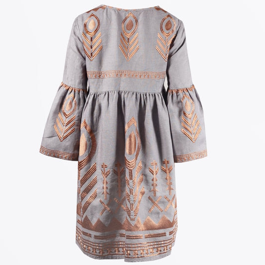 Linen Feather Embroidered Dress - Grey