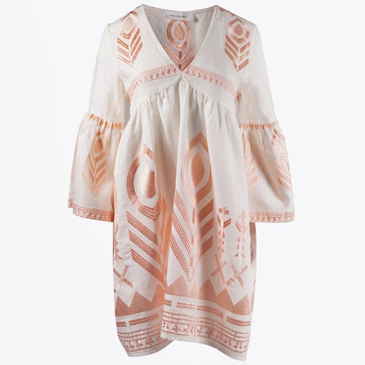 Linen Feather Embroidered Dress - White