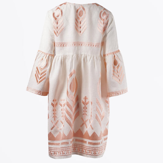 Linen Feather Embroidered Dress - White