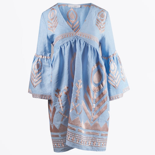 Linen Feather Embroidered Dress - Blue