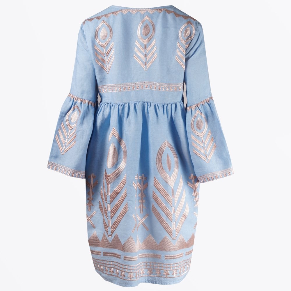Linen Feather Embroidered Dress - Blue