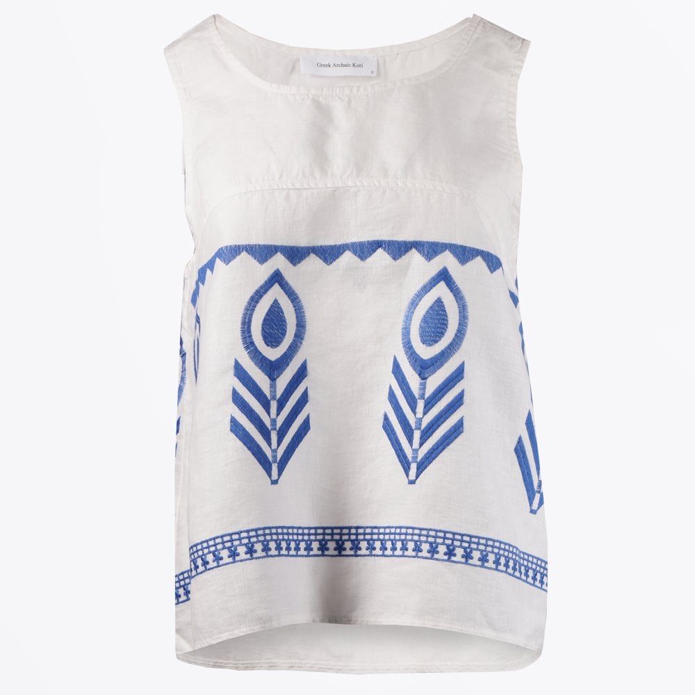 Greek Linen Feather Embroidered Vest - White