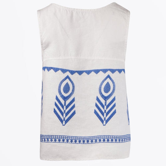 Linen Feather Embroidered Vest - White
