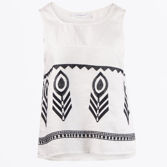 Linen Feather Embroidered Vest - White