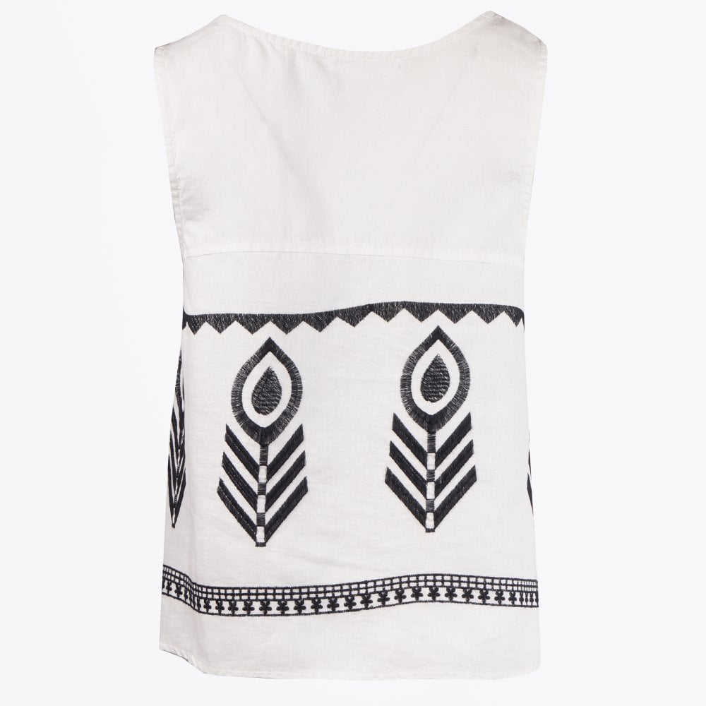 Greek Linen Feather Embroidered Vest - White