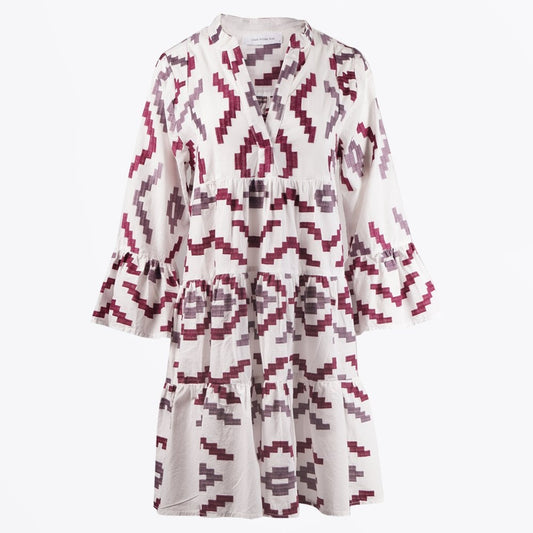 - Aztec Embroidered Dress - White/Bordeaux-Aubergine
