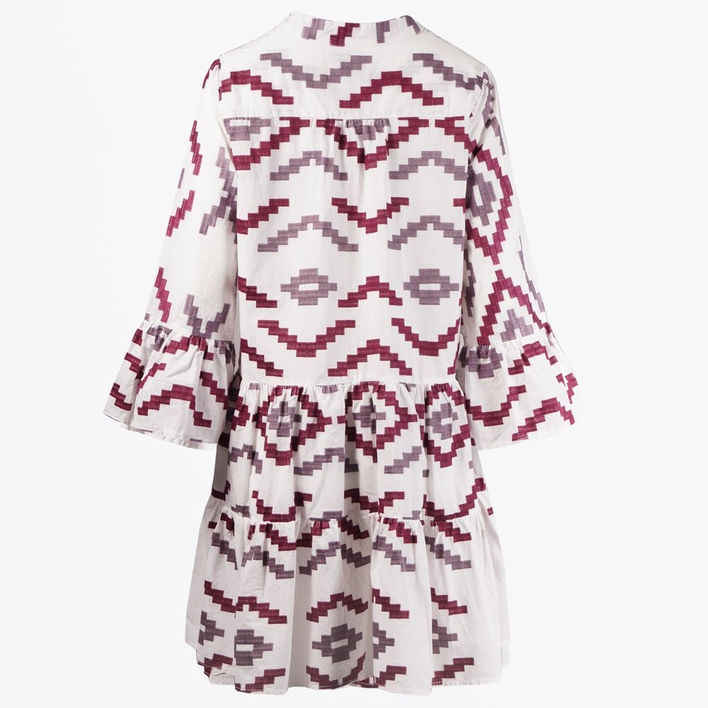 - Aztec Embroidered Dress - White/Bordeaux-Aubergine