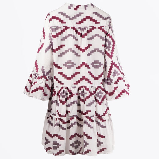 - Aztec Embroidered Dress - White/Bordeaux-Aubergine