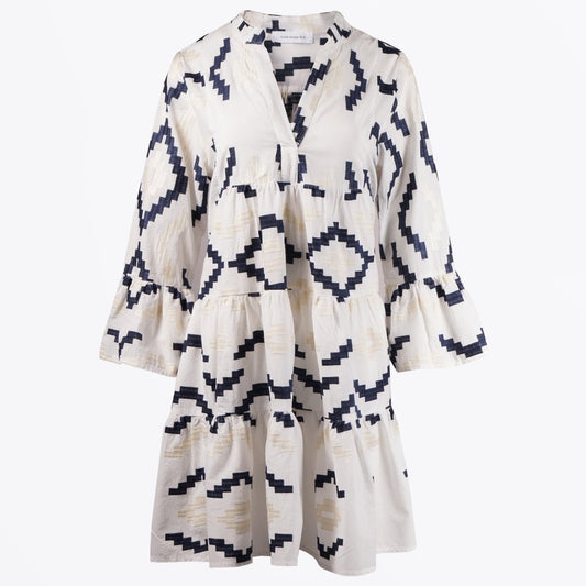 - Aztec Embroidered Dress - White/Navy-Gold