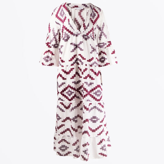 - Aztec Embroidered Midi Dress - White/Bordeaux-Aubergine