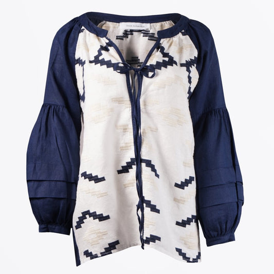 - Aztec Embroidered Bell Sleeve Tie Front Top - White-Blue