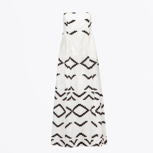- Aztec Embroidered Strappy Maxi Dress - White-Black