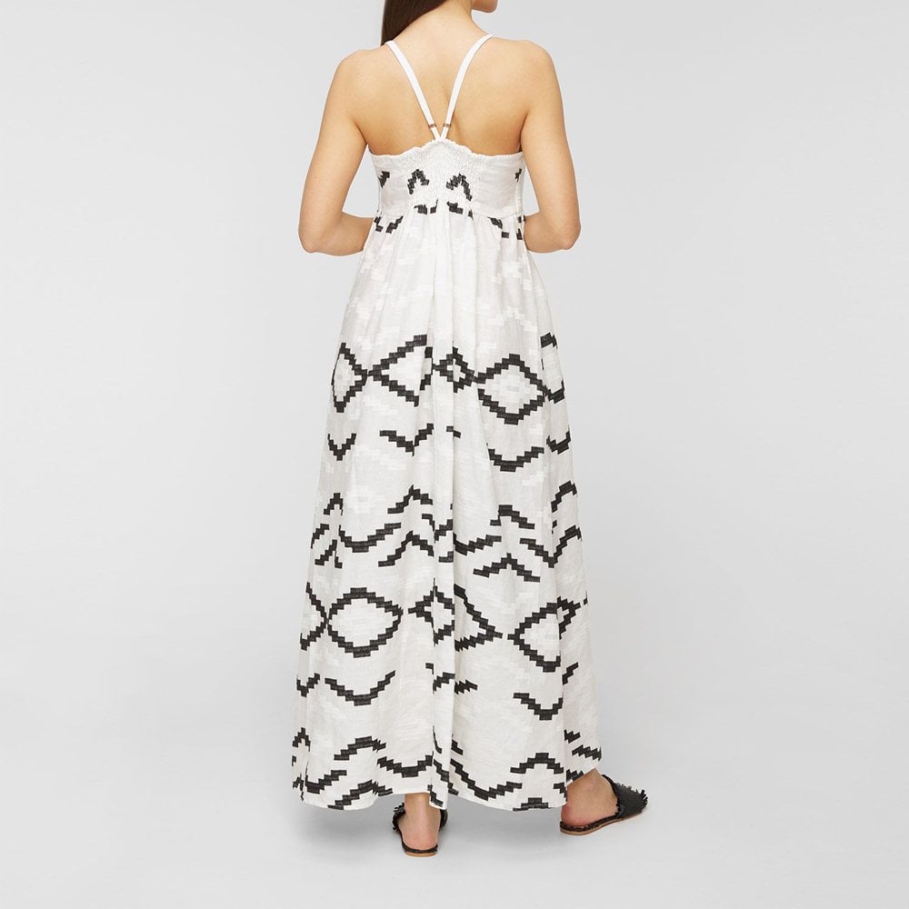 - Aztec Embroidered Strappy Maxi Dress - White-Black