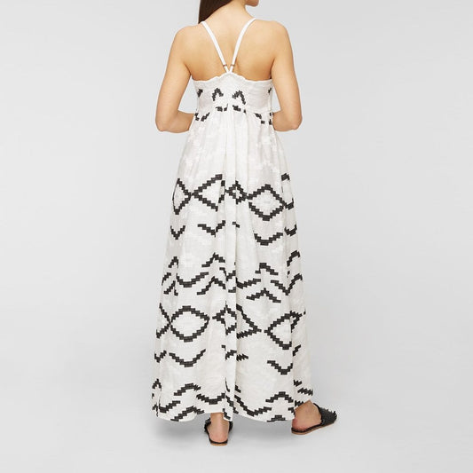 - Aztec Embroidered Strappy Maxi Dress - White-Black