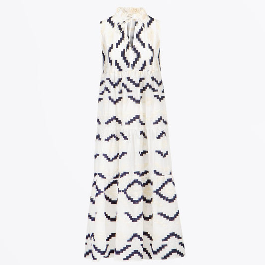 - Aztec Embroidered Sleeveless Maxi Dress - White-Blue