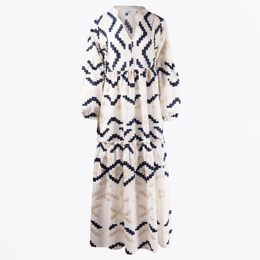 - Aztec Embroidered Maxi Dress - White-Blue