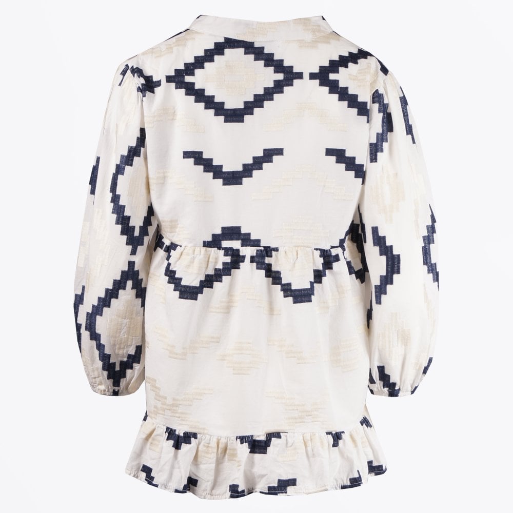 - Aztec Embroidered Button Up Top - White-Blue