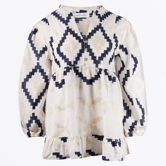 - Aztec Embroidered Button Up Top - White-Blue