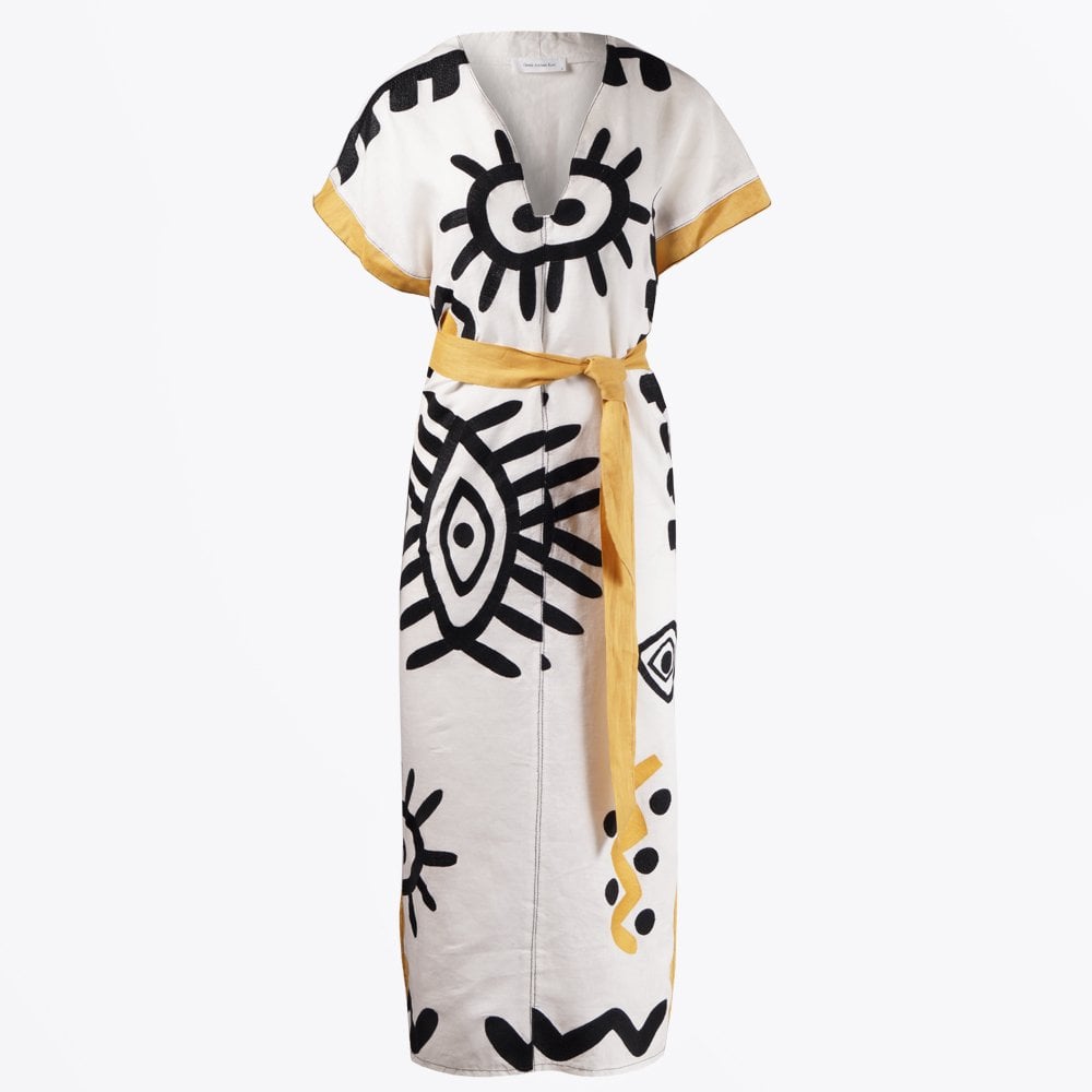 Greek Linen Sun-Eye Embroidered Dress - White