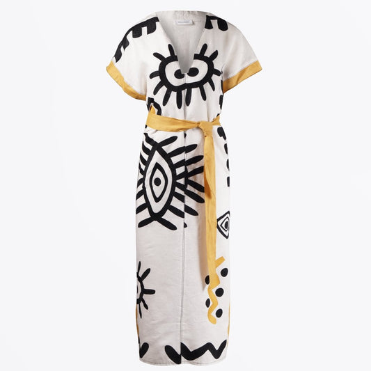 Linen Sun-Eye Embroidered Dress - White