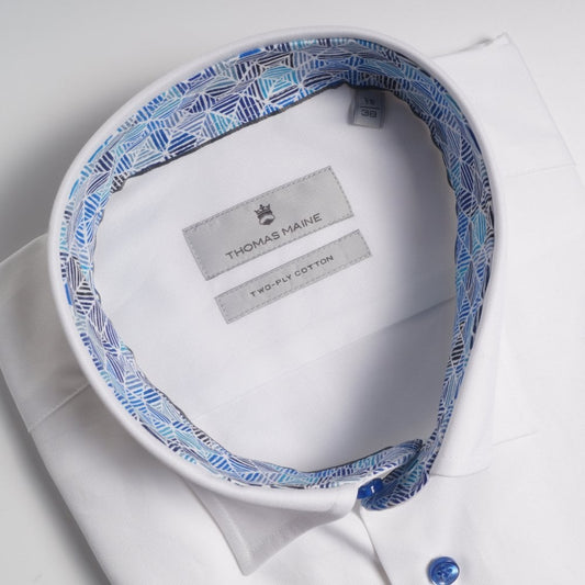 - Blue Geometric Trim Insert Shirt - White