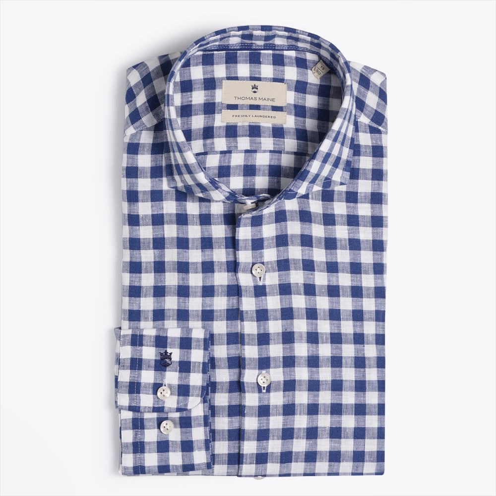 Thomas Linen Gingham Check Shirt - Navy/White