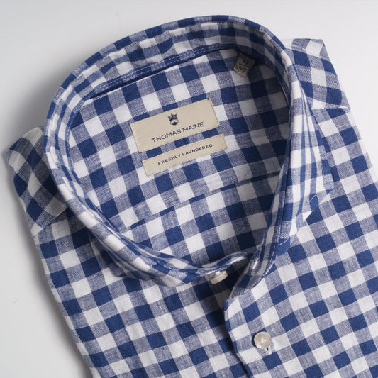 Linen Gingham Check Shirt - Navy/White