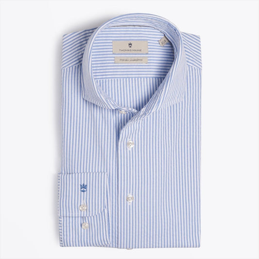 - Cotton Seersucker Stripe Shirt - Light Blue