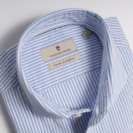 - Cotton Seersucker Stripe Shirt - Light Blue