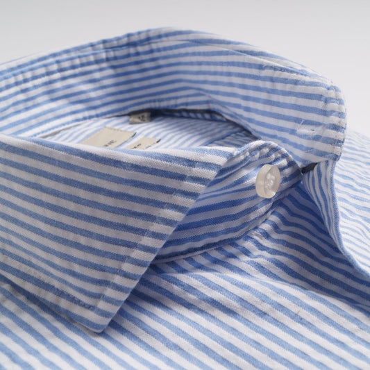 - Cotton Seersucker Stripe Shirt - Light Blue
