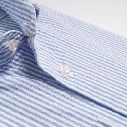- Cotton Seersucker Stripe Shirt - Light Blue
