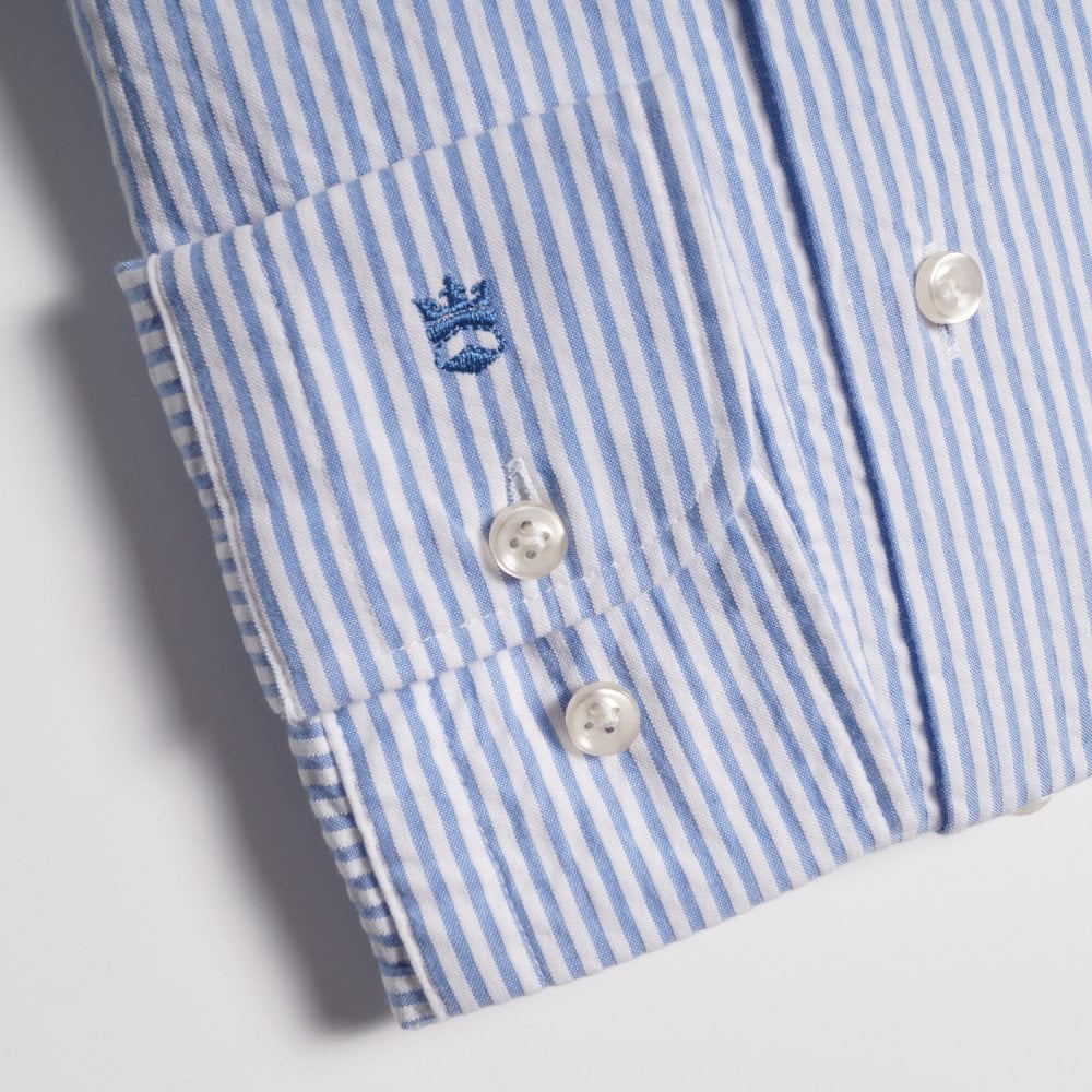 - Cotton Seersucker Stripe Shirt - Light Blue