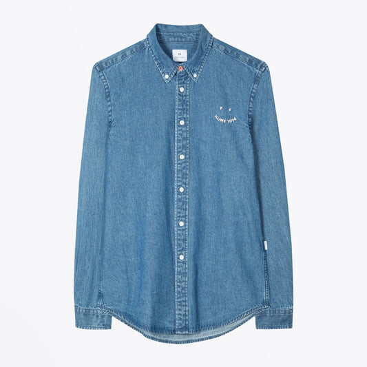 - Tailored-Fit Denim 'Happy' Shirt - Blue