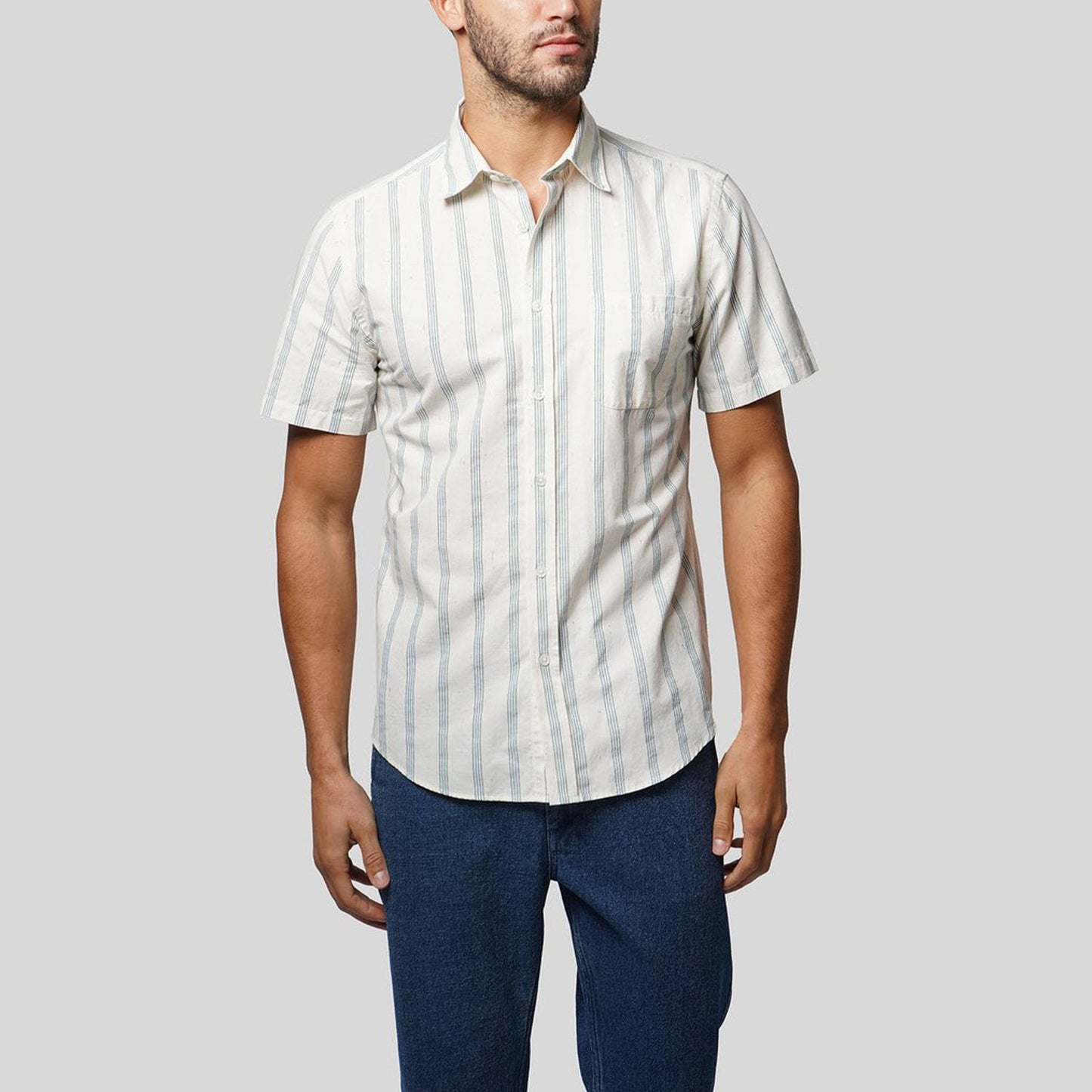 - Blue Striped Short-Sleeve Shirt - Off-White