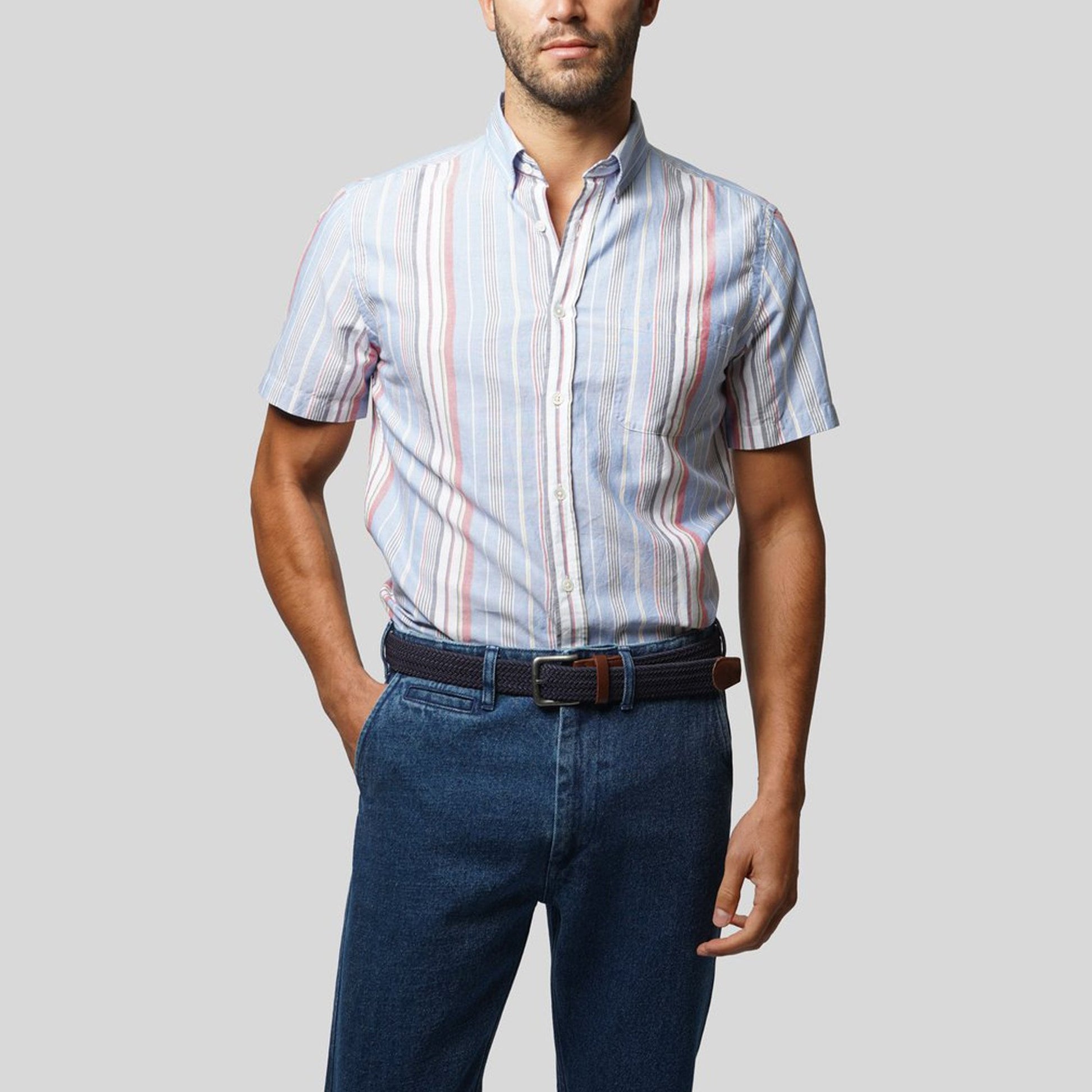 Portuguese - Nautical Stripe Short-Sleeve Shirt - Blue