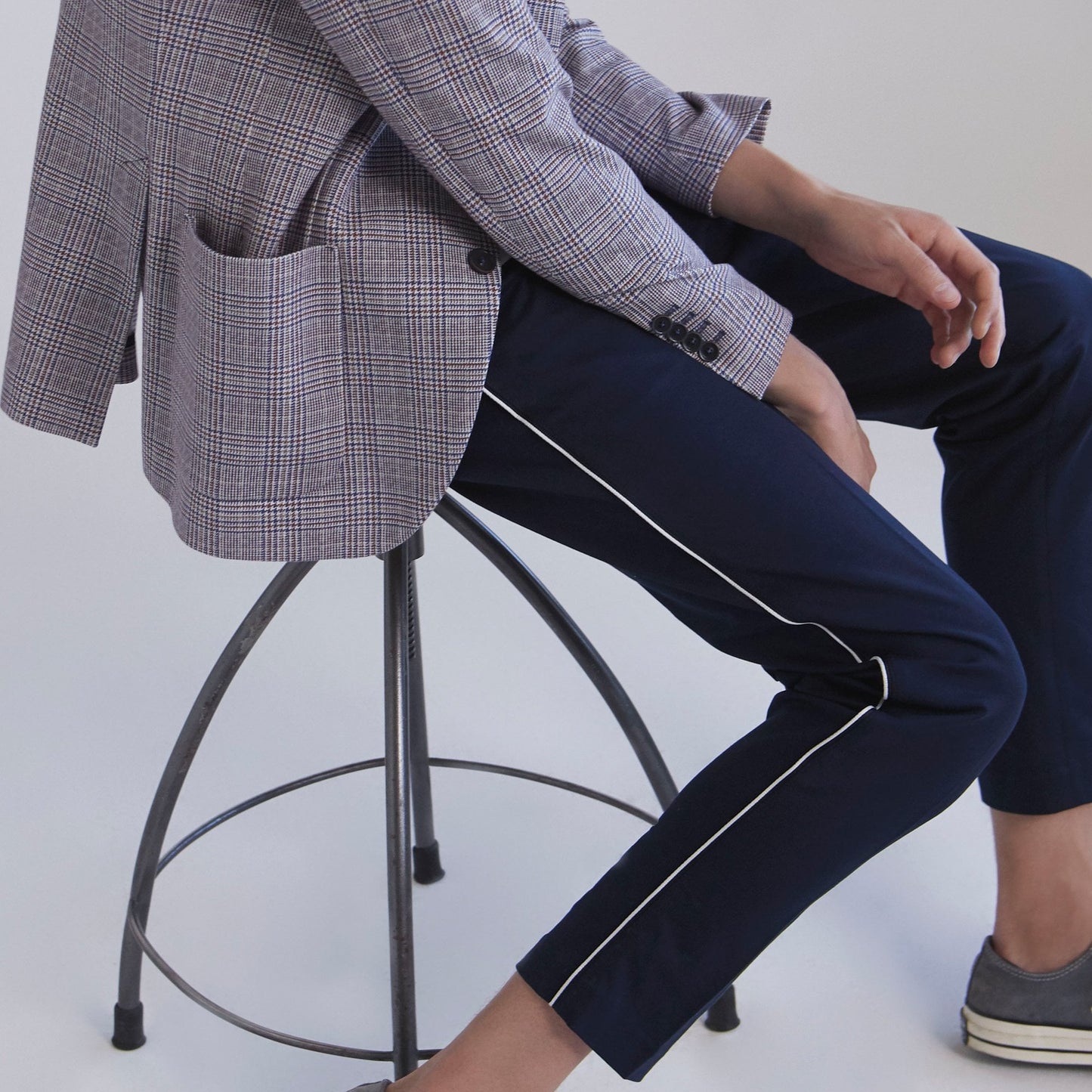 - Cotton Trousers With Stripe - Navy